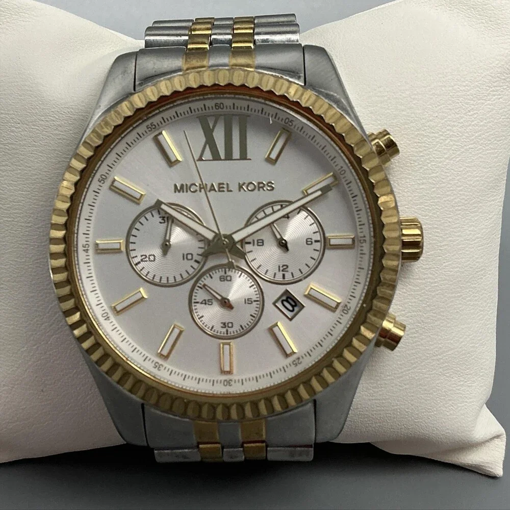 Michael Kors Lexington Women Watch 45mm Two Tone Chrono MK-8344 New Battery 6.5